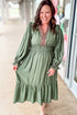 Grass Green Plus Size Long Sleeve Leopard Trim Split Neck Midi Dress