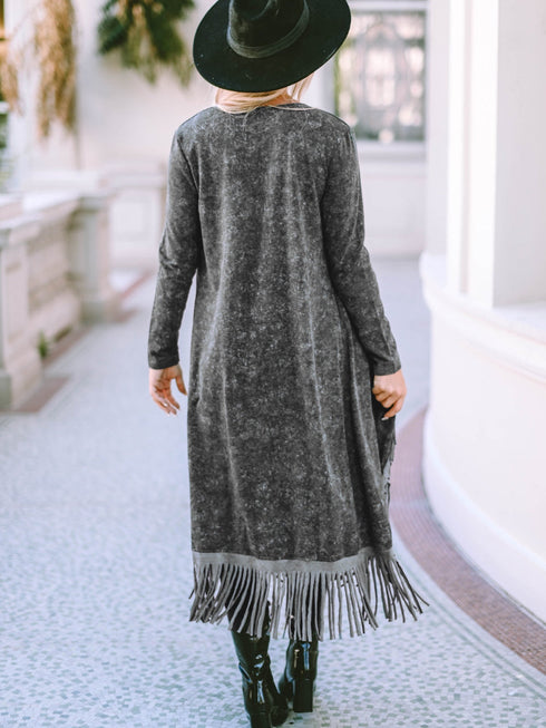 black-fringed-hem-pocketed-open-cardigan