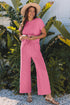 Bright Pink Solid Corded Knit Short Sleeve T Shirt and Wide Leg Pants Set