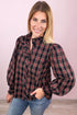 Multicolour Plaid Pattern Frilled Collared Puff Sleeve Shirt