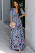 Sky Blue Fiery Floral Print Frilled V Neck Short Sleeve Maxi Dress