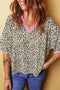 White Contrast V Neck Varsity Short Sleeve Leopard Top