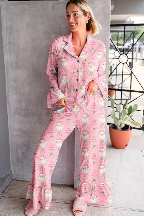 Pink Christmas Print Ruffled Ribbed Shirt & Pants 2 Piece PJ Set
