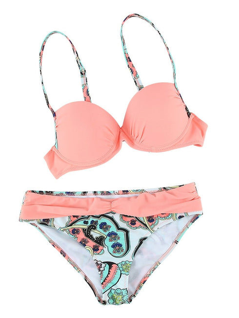 sexy-pink-padded-gather-push-up-bikini-set