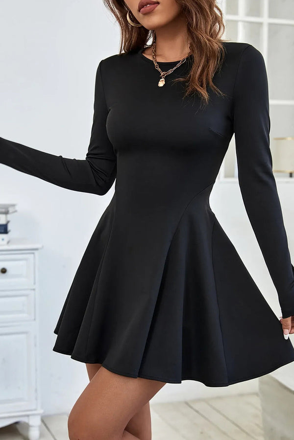 Black Solid Color Long Sleeve Fit-and-flare Mini Dress