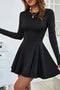 Black Solid Color Long Sleeve Fit-and-flare Mini Dress