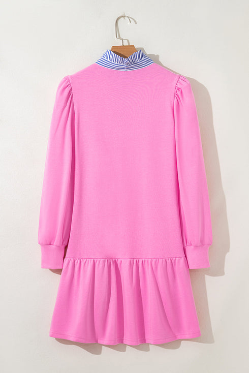Pink Contrast Striped Collar Patchwork Puff Sleeve Ruffle Hem Mini Dress