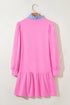 Pink Contrast Striped Collar Patchwork Puff Sleeve Ruffle Hem Mini Dress