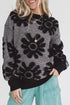 Black Plush Flower Pattern Drop Shoulder Sweater