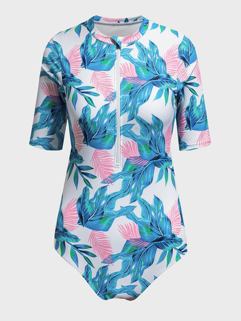 fiery-red-blue-leaves-zip-front-half-sleeve-one-piece-swimsuit