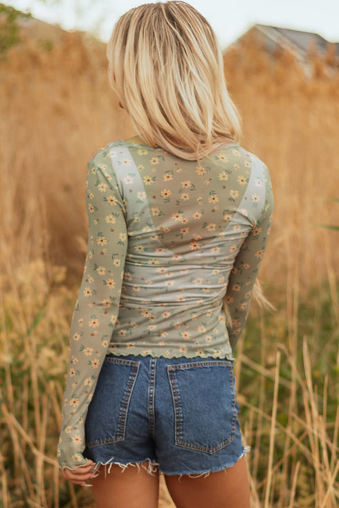 floral mesh long sleeve top
