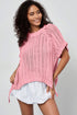 Pink Plus Size Open Knit Bow Tie Short Sleeve Sweater