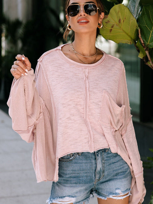 pink-exposed-seam-chest-pocket-loose-sleeve-oversized-top