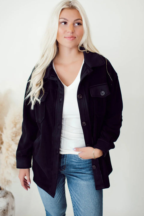 Black Solid Color Exposed Seam Patchwork Button Down Fleece Shacket