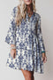 Sky Blue Boho Floral Print Lettuce Trim 3/4 Sleeve Mini Dress