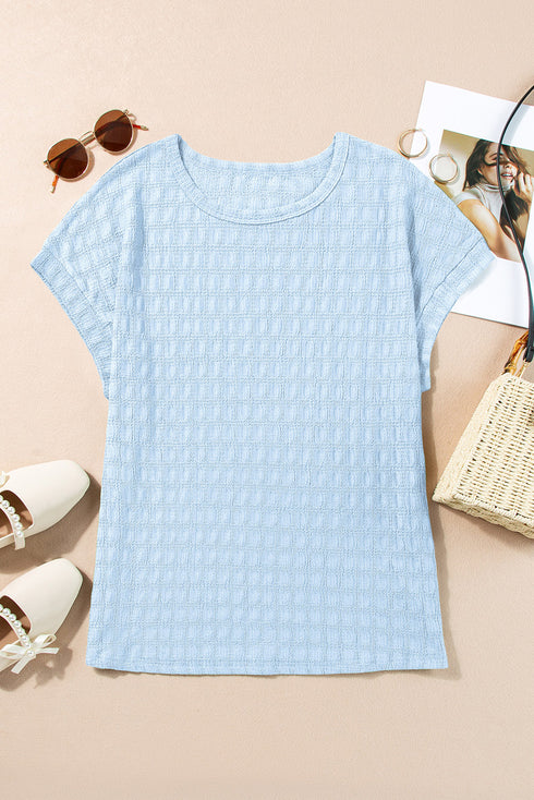 Sky Blue Solid Color Textured Batwing Sleeve Tee