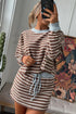 Brown Stripe Contrast Webbing Patchwork Cropped Long Sleeve Top Drawstring Mini Skirt Set