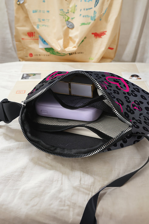 Dark Grey Leopard Heart Printed Canvas Crossbody Bag