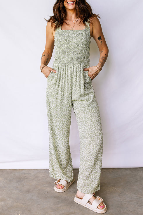 Green Smocked Bodice Square Neck Sleeveless Floral Jumpsuit