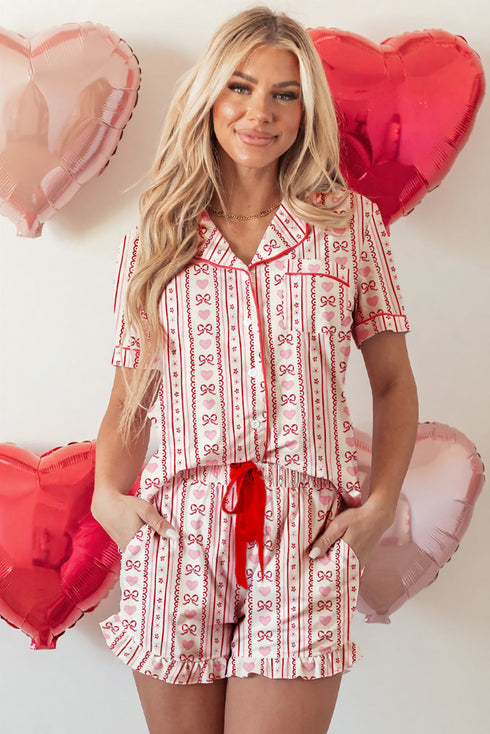 Red Sweet Bow Heart Flower Print Shirt Style 2pcs Pajama Short Set