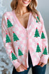 Pink Checkered Christmas Tree Pattern Button V Neck Cardigan Sweater