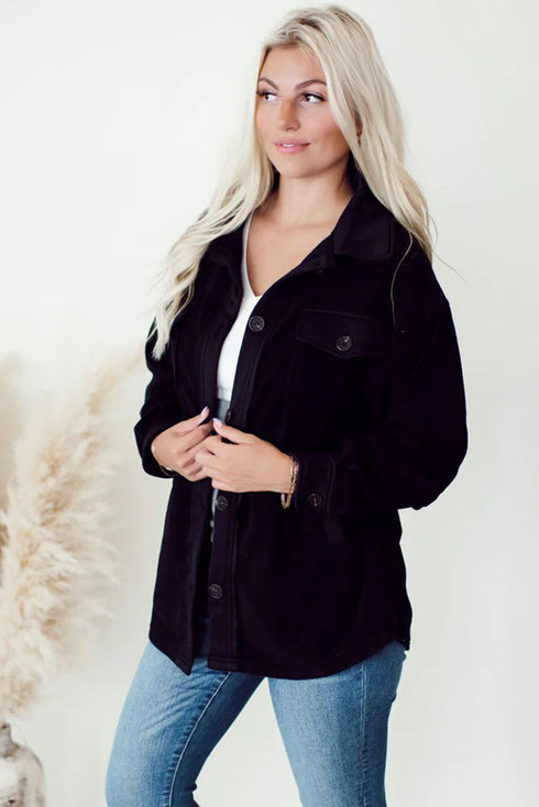 Black Solid Color Exposed Seam Patchwork Button Down Fleece Shacket