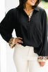Black Contrast Leopard Print Patchwork Polo Collar Buttons Front Ruffled Long Sleeve Blouse