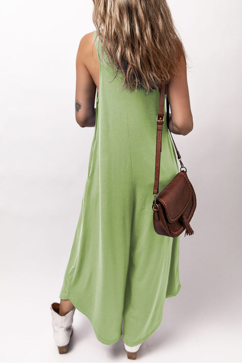 Grass Green Sleeveless V Neck Pocketed Wide Leg Jumpsuit