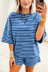 Blue Stripe Striped Ribbed Cotton Two-Piece Short Set with Chest Patch Detail