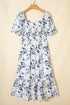 Sky Blue Smocked Bodice Short Puff Sleeve Tiered Floral Midi Dress