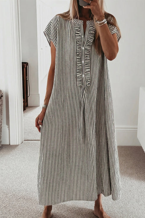Black Stripe Frilled Detail Half Buttons Short Sleeve Long Dress