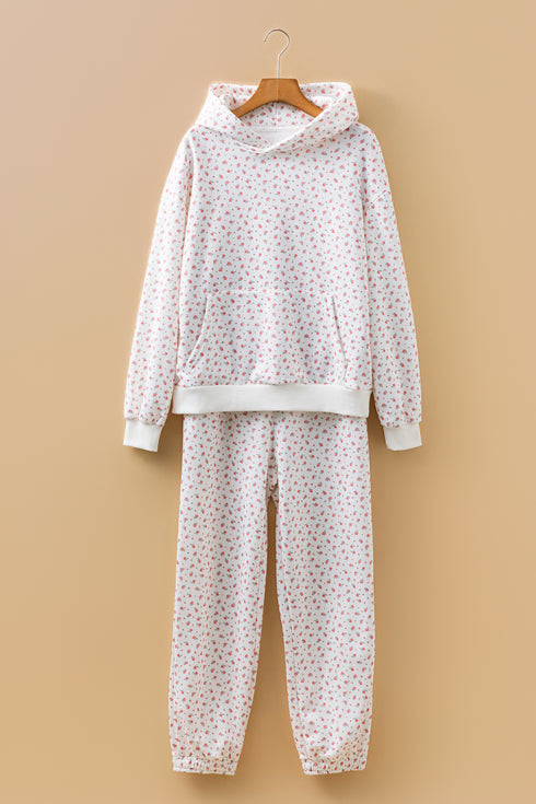 Pink Floral Print Kangaroo Pocket Hoodie Sheath Sweatpants Set