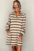 Khaki Stripe Collared V Neck Long Sleeve Loose Casual Dress