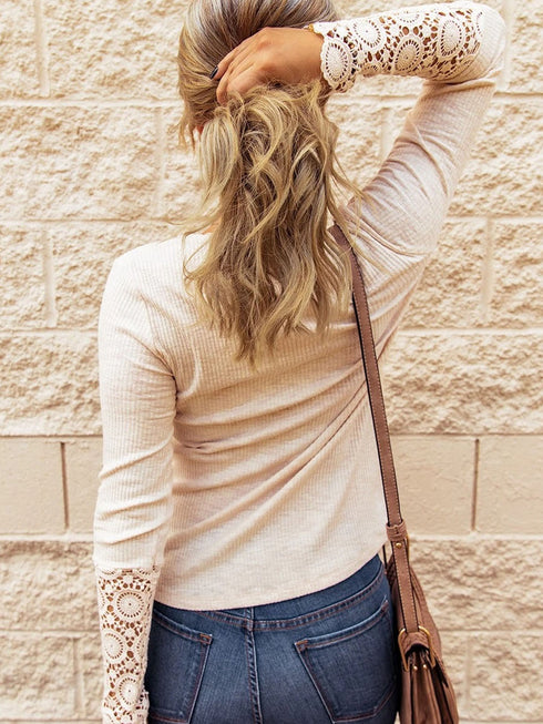 beige-crochet-lace-hem-sleeve-button-top