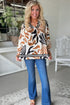 Brown Abstract Print Puff Sleeve Loose Blouse