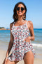 Brown Floral Print Ricrac Trim Spaghetti Strap One Piece Swim Dress