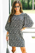 Black Leopard Print Bubble Sleeve Shift Mini Dress