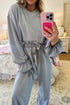 Beau Blue Flounce Long Sleeve Top Drawstring Pants Contrast Velvet Bow Knot 2pcs Lounge Set