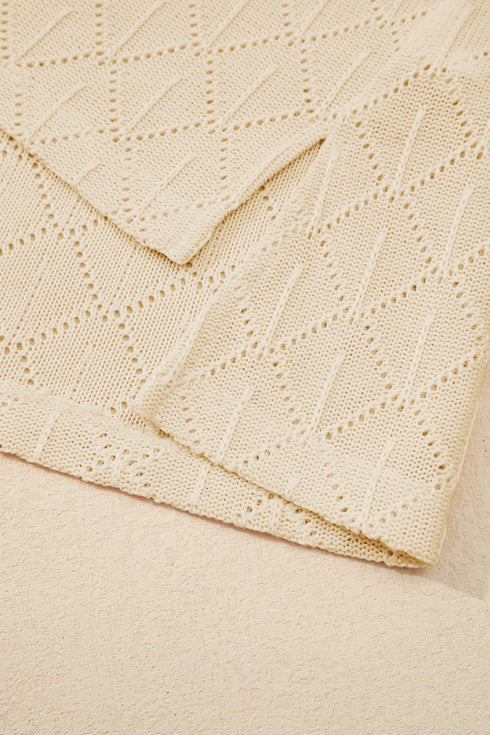 Golden Fleece Pointelle Rhombus Knit Plus Size V Neck Loose Top