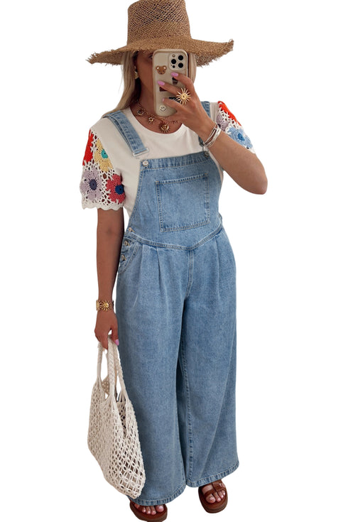 Dusk Blue Pleated Wide Leg Retro Pocketed Denim Jumpsuit