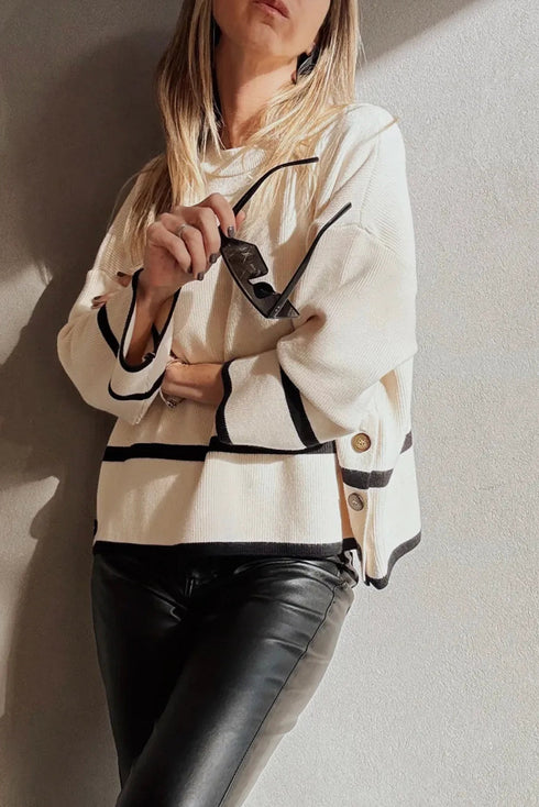 Beige Ribbed Knit Contrasted Stripe Detail Button Side Loose Sweater