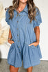 Beau Blue Button Down Short Puff Sleeve Ruffle Hem Patchwork Denim Dress