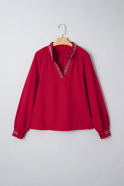 Racing Red Leopard Jacquard Print V Neck Textured Blouse