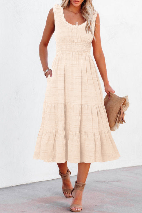 Apricot Shirred Pleated Square Neck Sleeveless Midi Dress