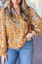 Yellow Floral Print Tie Notched Neck Long Sleeve Blouse