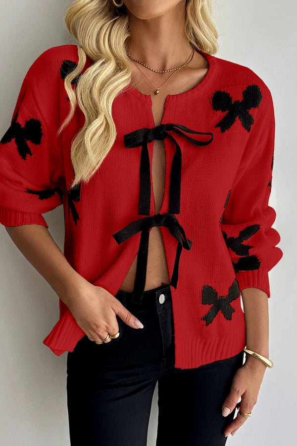 Racing Red Lace-up Bow Pattern Sweater Cardigan