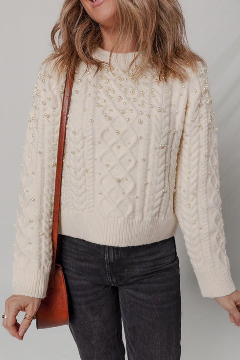 Beige Cable Knit Pearl Embellished Sweater