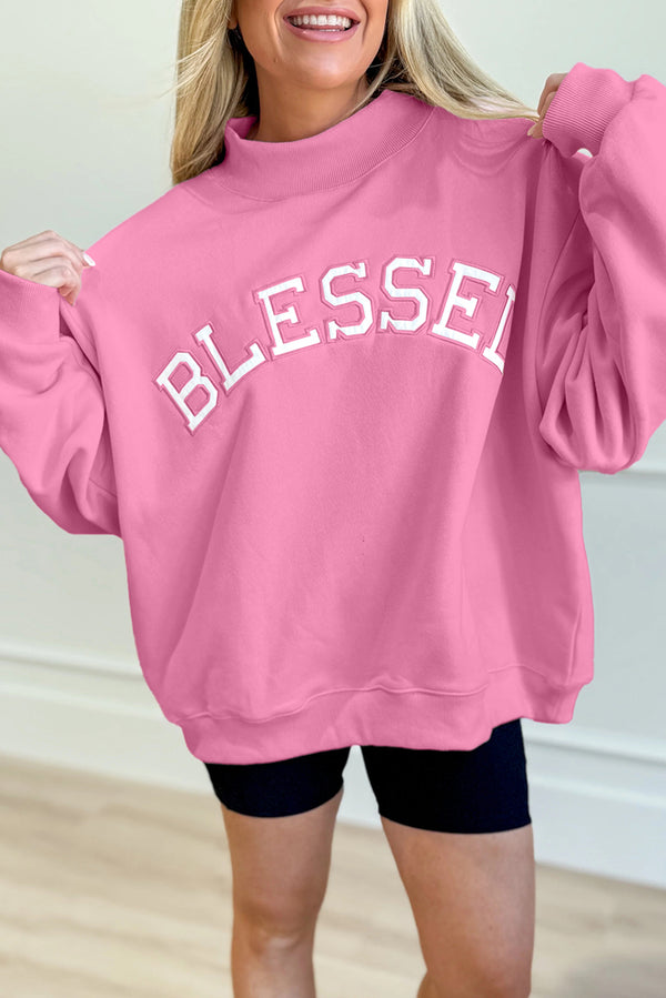 Bright Pink Oversize Blessed Embroidered Mock Neck Sweatshirt