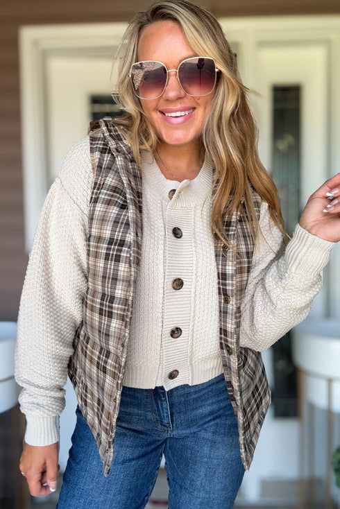 Brown Retro Plaid Print Snap Button Stand Neck Vest