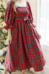 Red Tartan Plaid Square Neck Puff Sleeve Knot Waist Flared Midi Dress